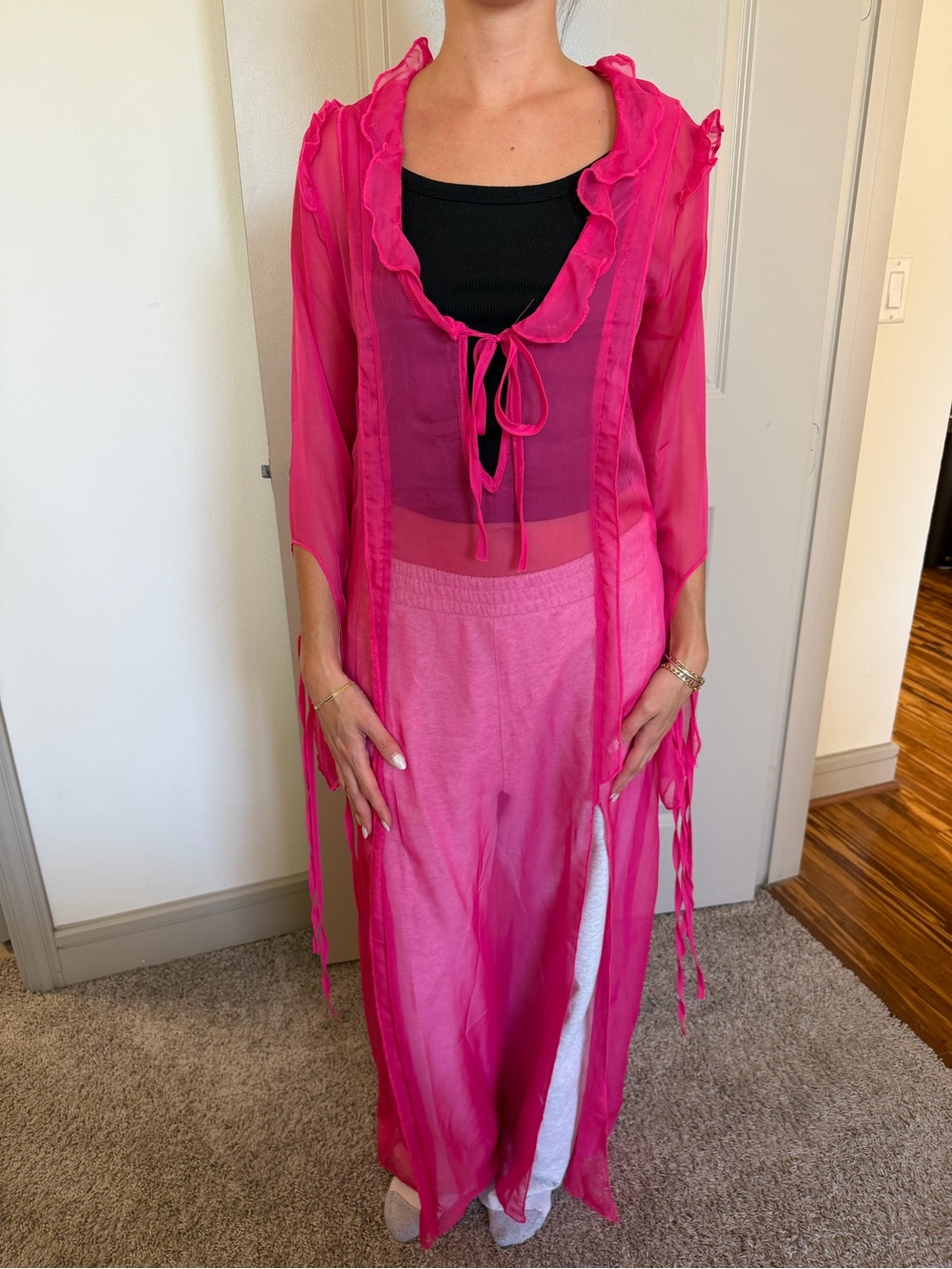 Sheer Ruffle-Trim Robe Cover-Up in Hot Pink
